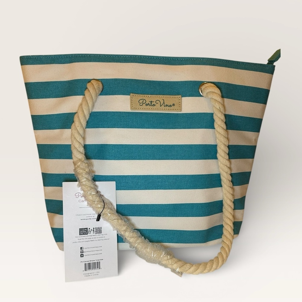 🚨SOLD🚨 Vino turquoise and Cream Striped Canvas Tote Beach Bag - Picture 2 of 8